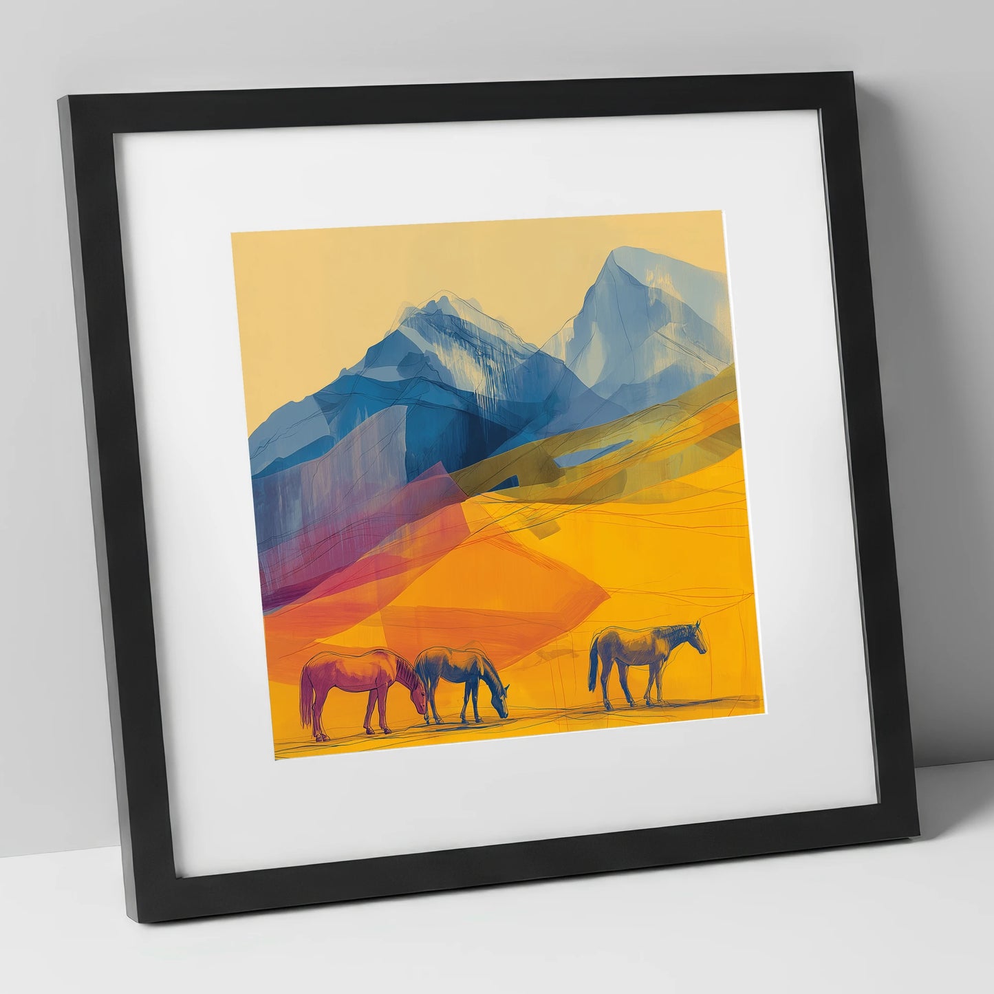 Golden Mountain Pasture horse landscape art print in black frame