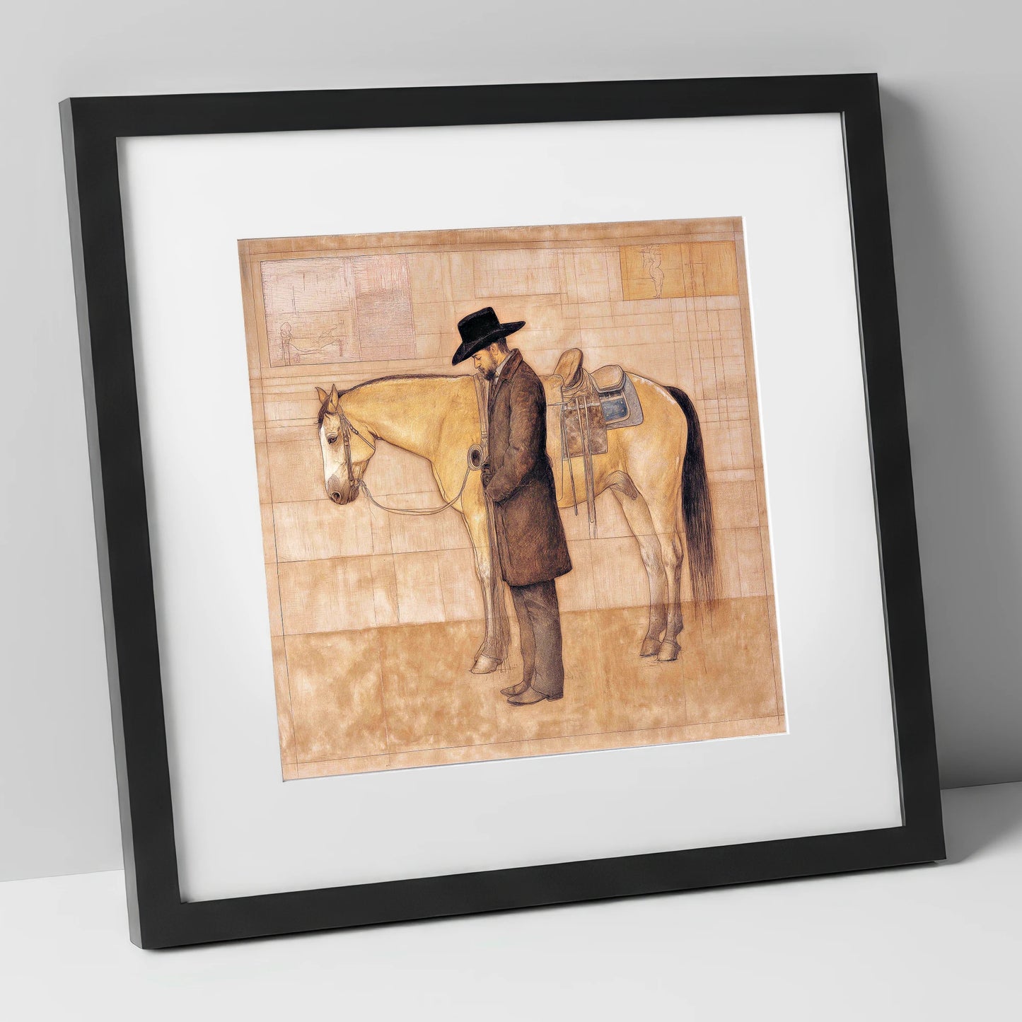 The Quiet Bond western horse art print in black frame