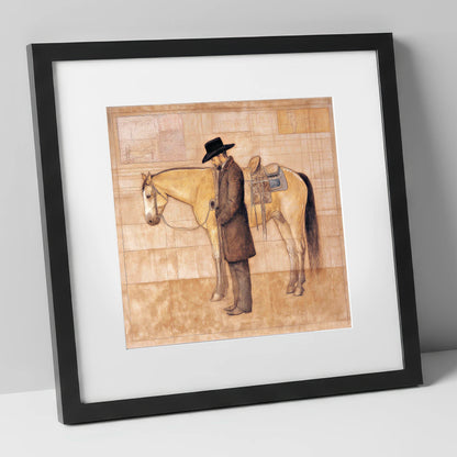 The Quiet Bond western horse art print in black frame