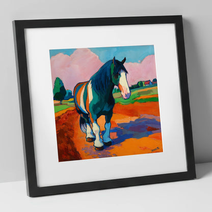 Vibrant Coloured Cob horse breed art print in black frame