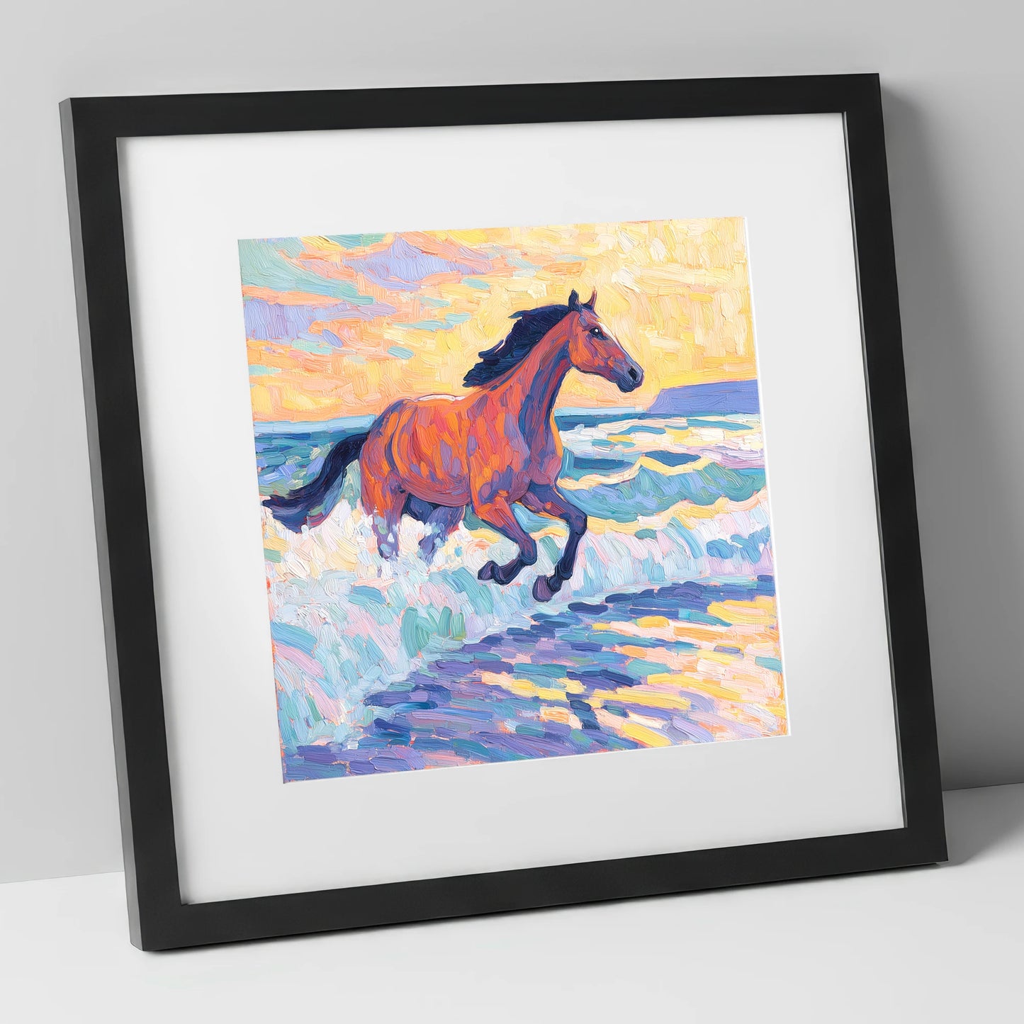 Painted Tide Canter beach horse art print in black frame