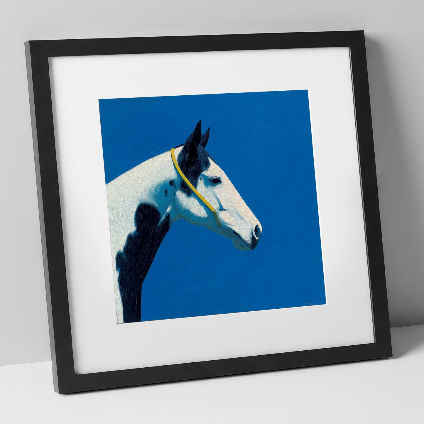 Azure Piebald Profile horse breed art print in black frame