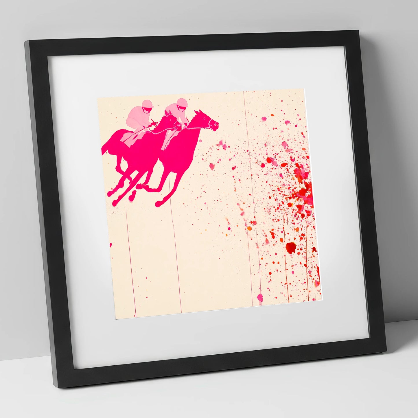 Vibrant Photo Finish racing horse art print in black frame