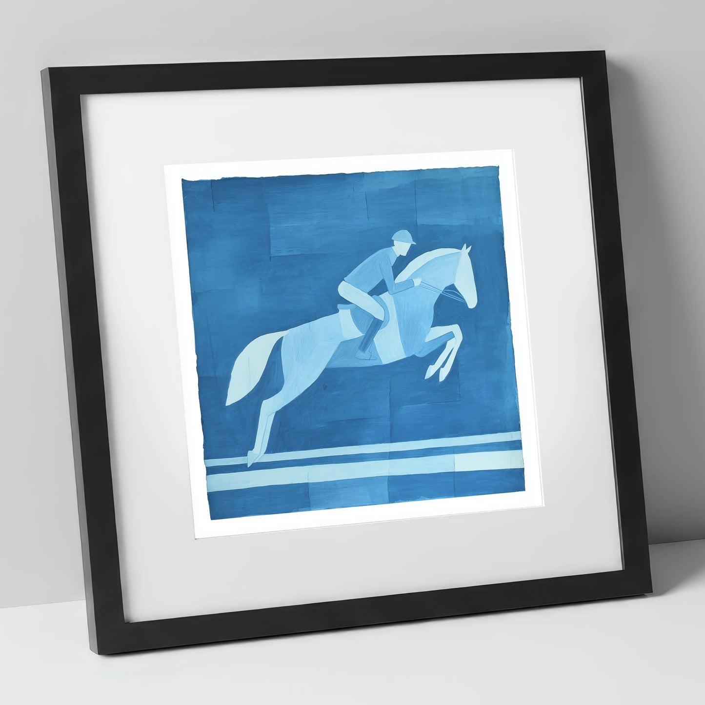 Azure Flight show jumping horse art print in black frame