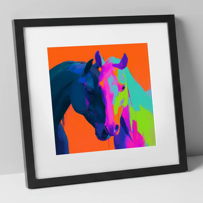 Vibrant Equine Embrace horse portrait art print in black frame