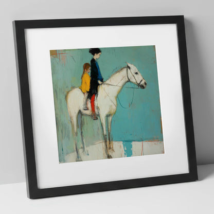 Companions in Colour horse & rider art print in black frame