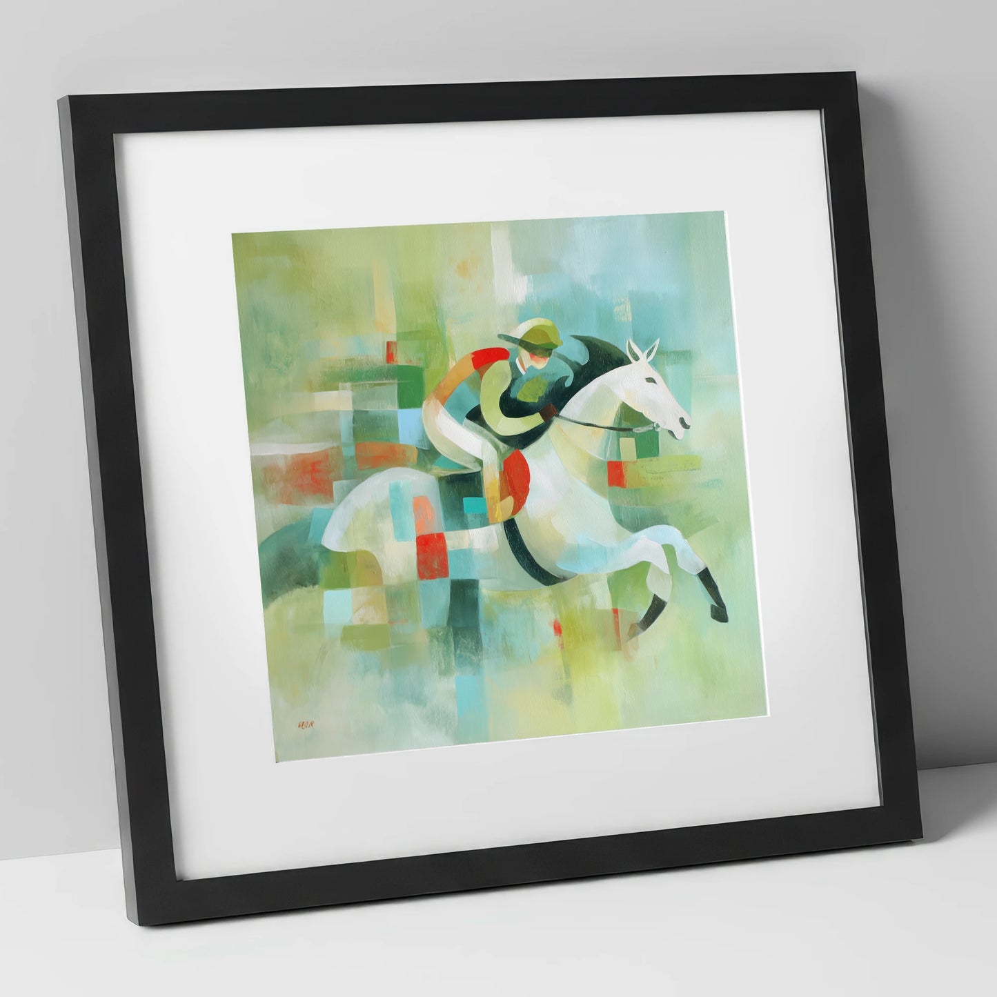 Modern Turf Mosaic racing horse art print in black frame