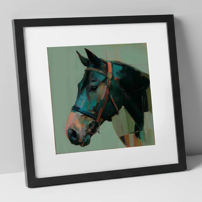 The Midnight Bridle horse portrait art print in black frame