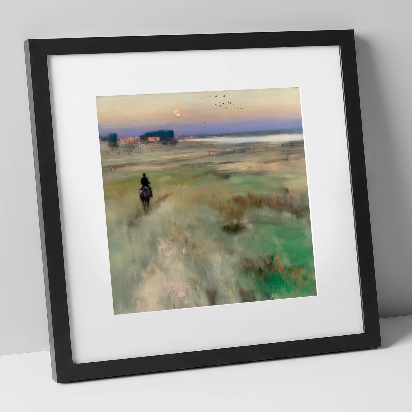 Twilight Hack horse landscape art print in black frame