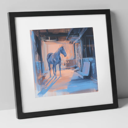 The Quiet Aisle horse stable art print in black frame