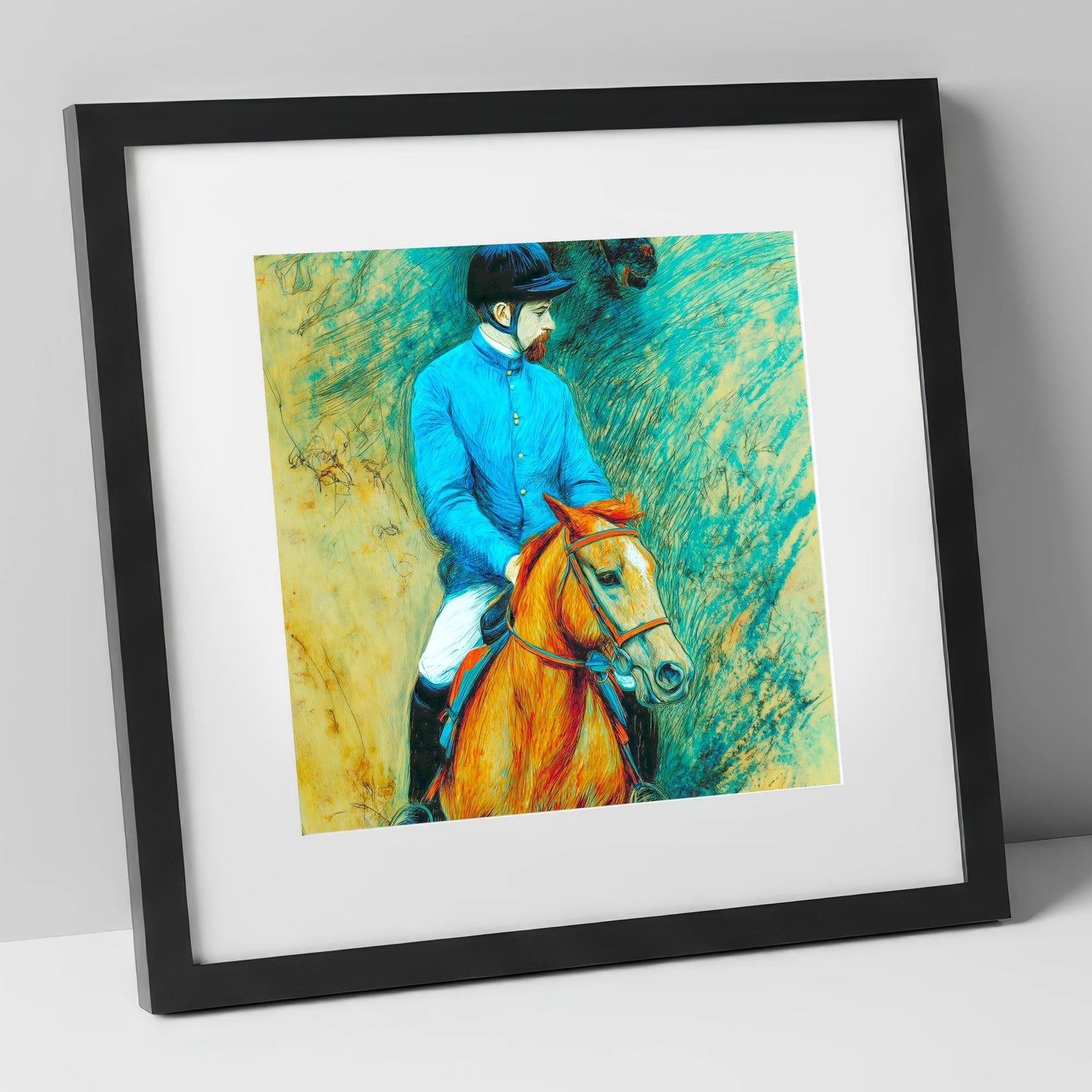 The Cerulean Jockey racing horse art print in black frame