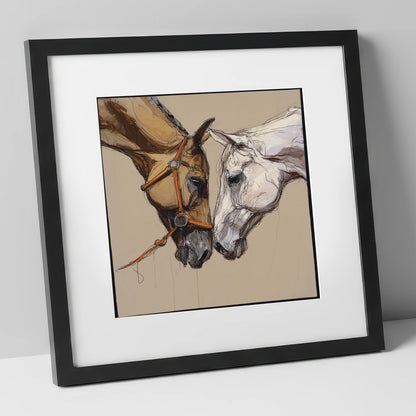 A Quiet Connection horse portrait art print in black frame