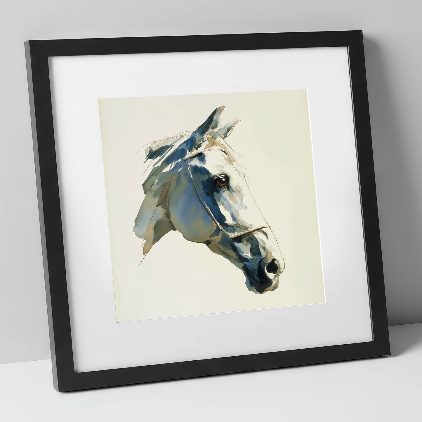 Sapphire Gaze in Indigo horse portrait art print in black frame