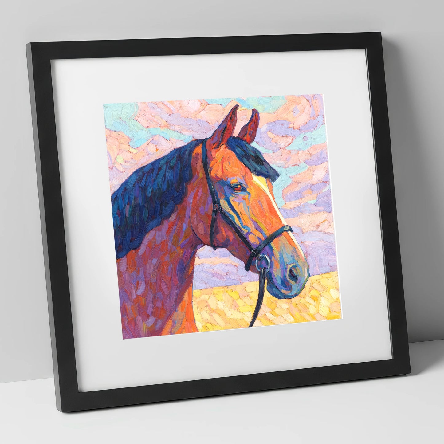 Painted Bay Profile horse portrait art print in black frame