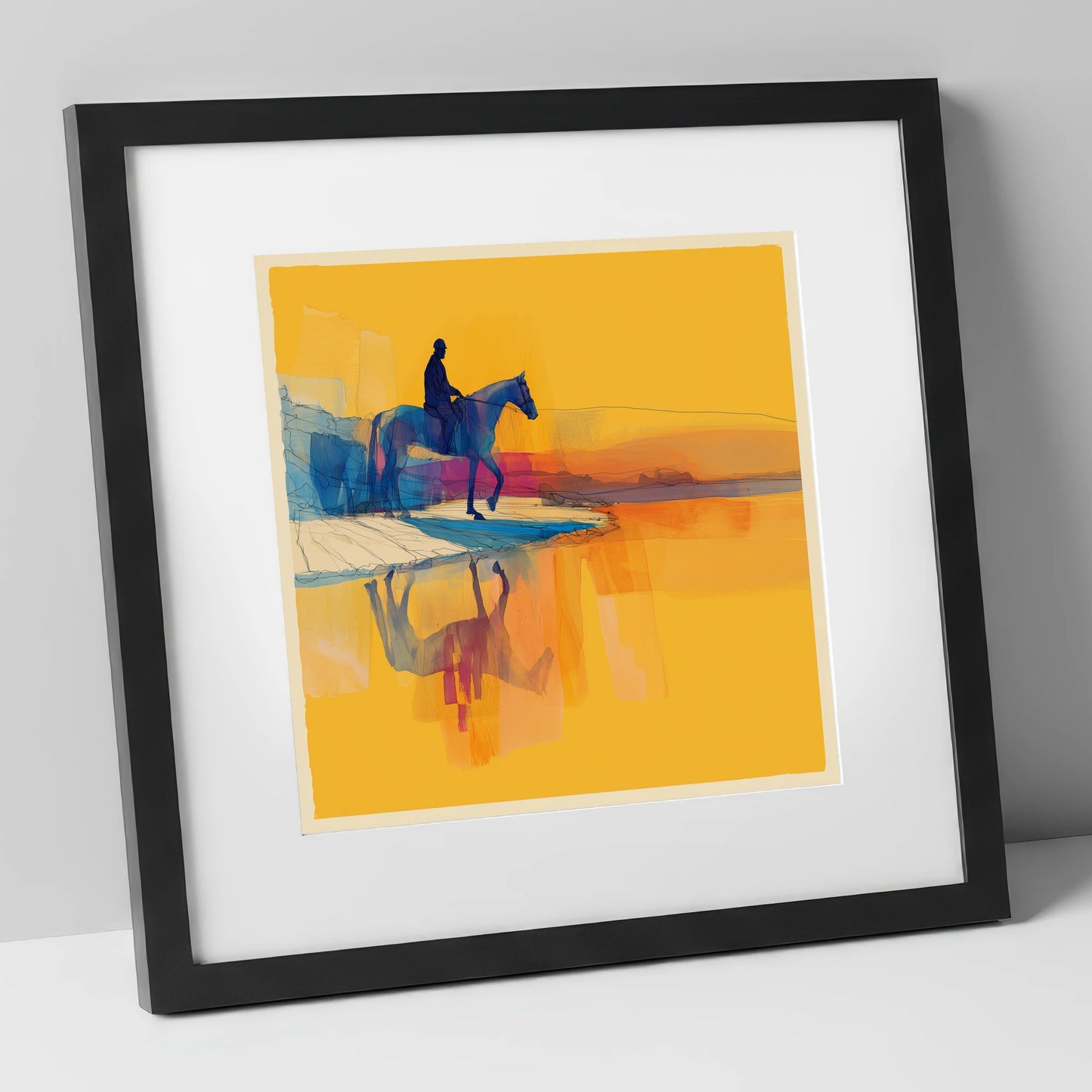 Golden Shoreline Traverse beach horse art print in black frame