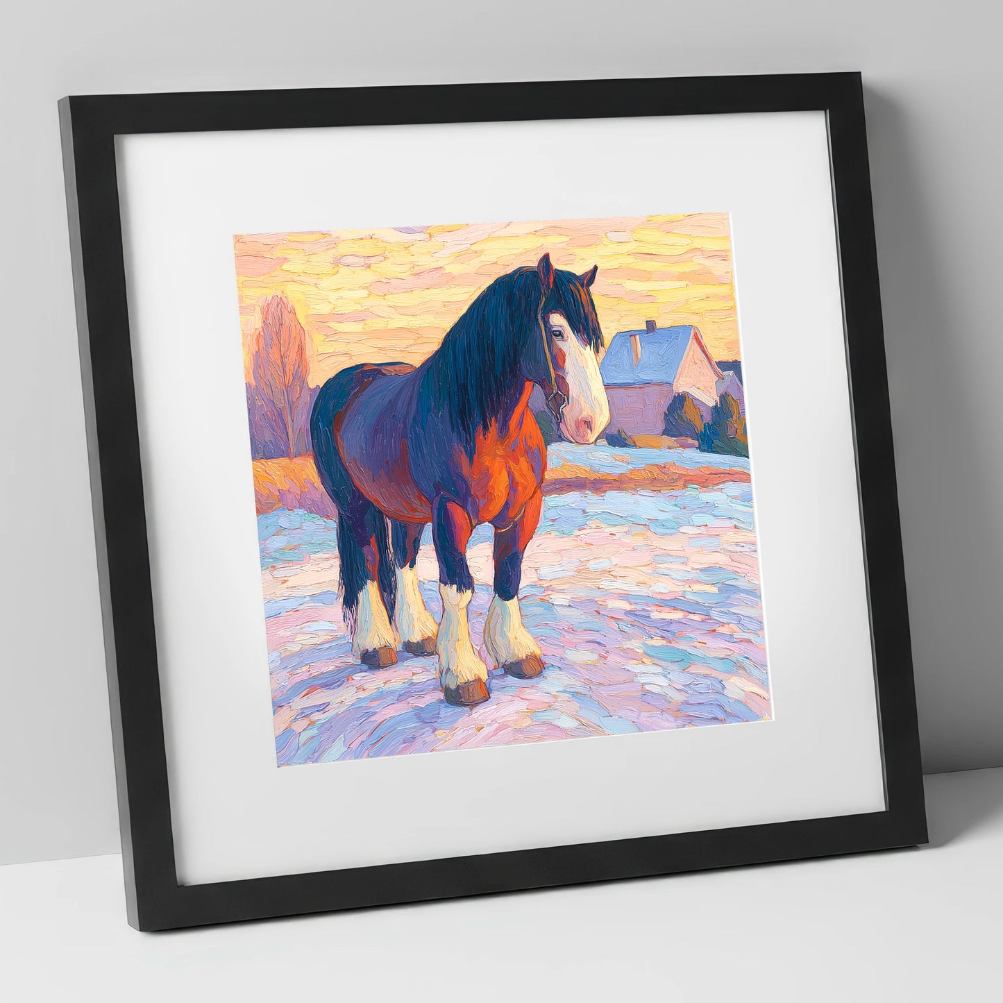Majestic Winter Shire horse breed art print in black frame