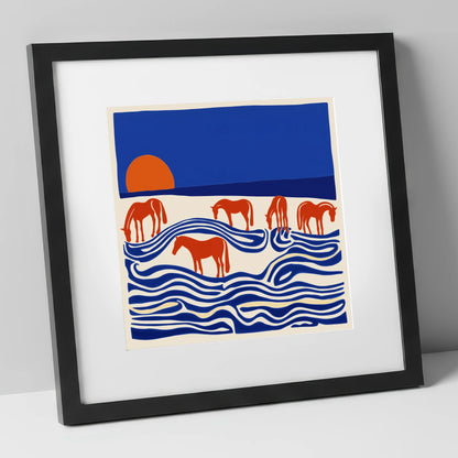 Cobalt Sunset Herd wild horses art print in black frame