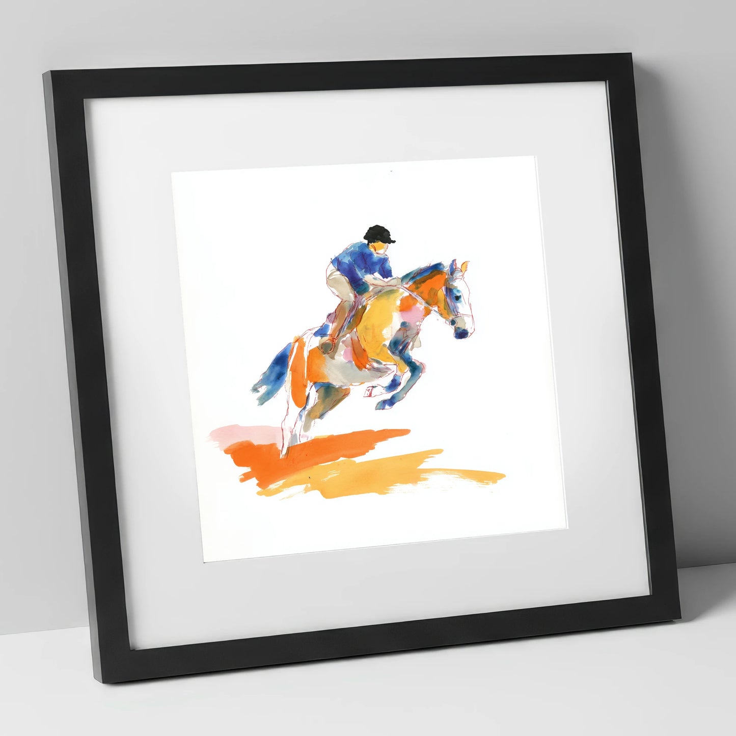 Vibrant Flight show jumping horse art print in black frame