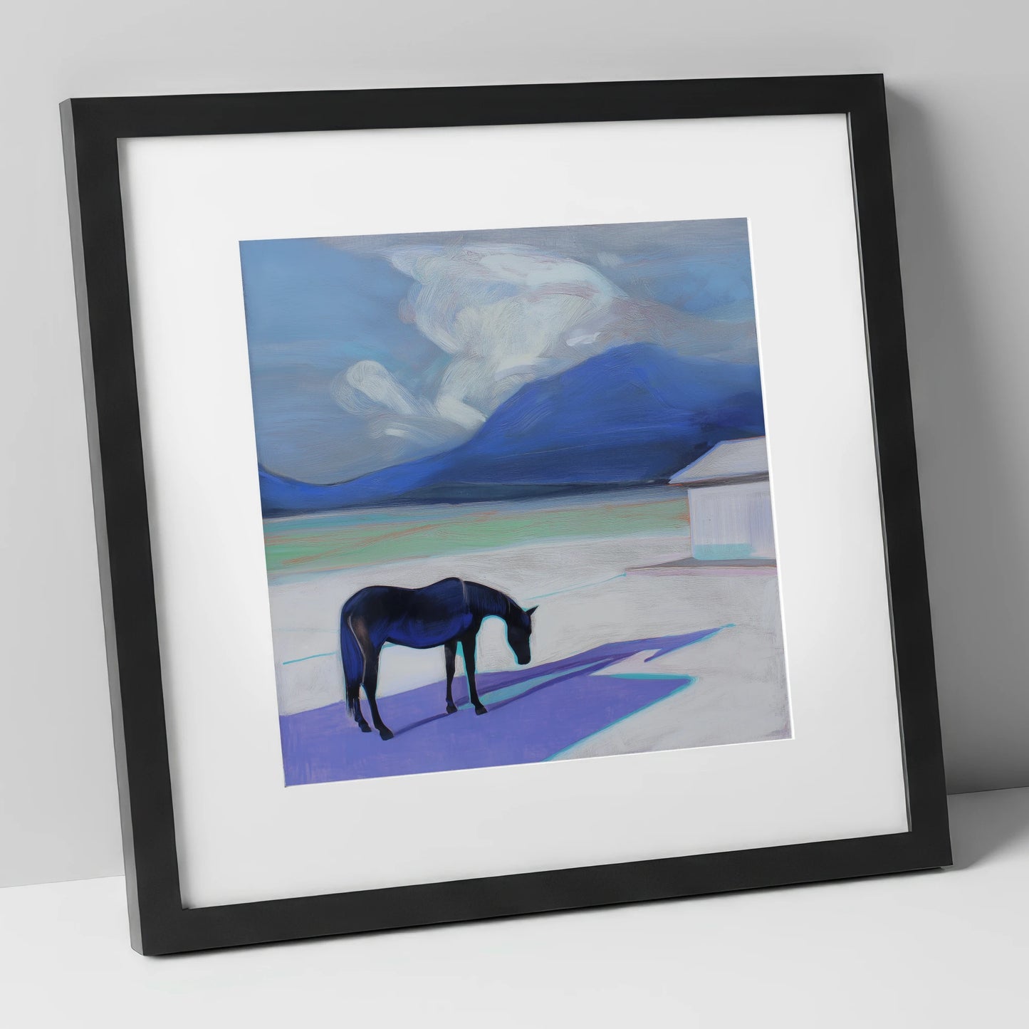 Lavender Shadows horse landscape art print in black frame