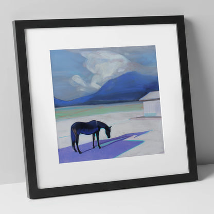 Lavender Shadows horse landscape art print in black frame
