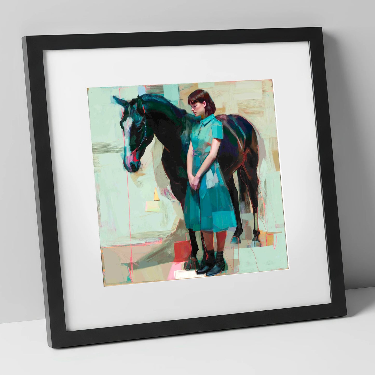 A Quiet Connection horse & rider art print in black frame