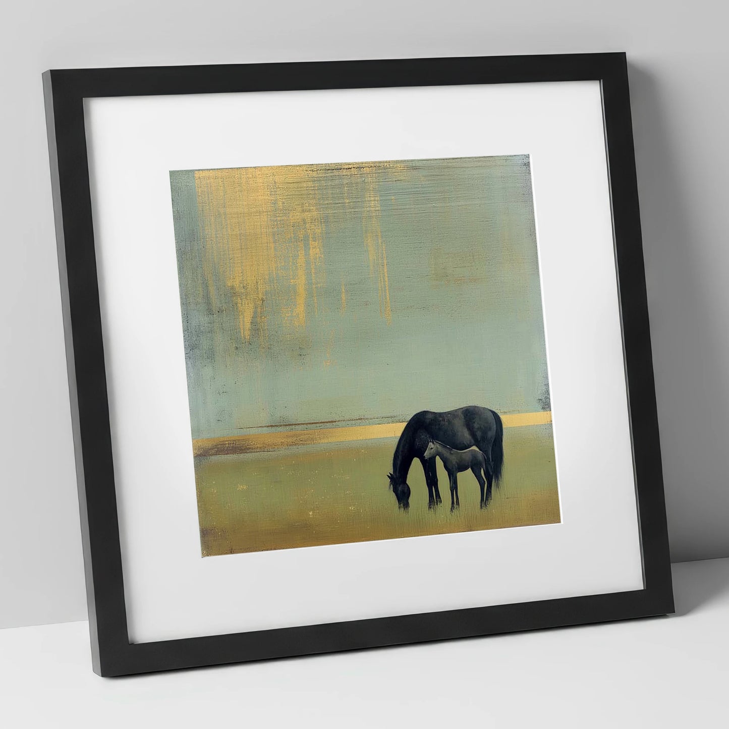 Gilded Serenity mare & foal art print in black frame