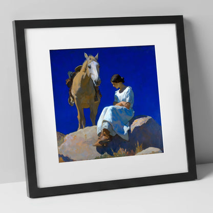Beneath Azure Skies horse & rider art print in black frame