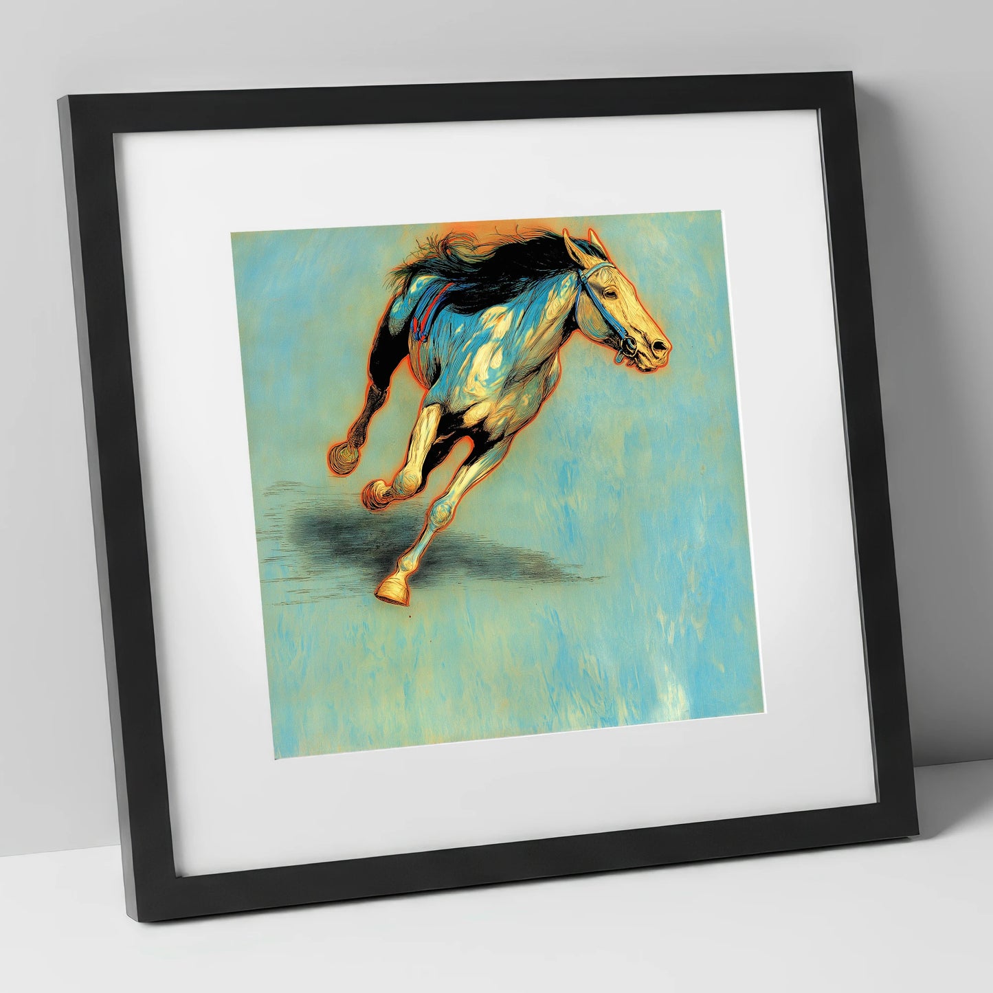Cerulean Sprint racing horse art print in black frame