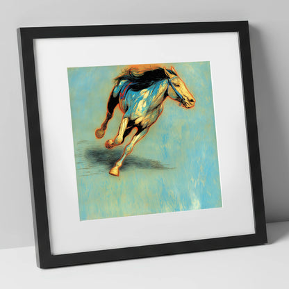 Cerulean Sprint racing horse art print in black frame