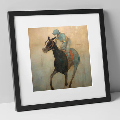 Teal Silk Canter racing horse art print in black frame