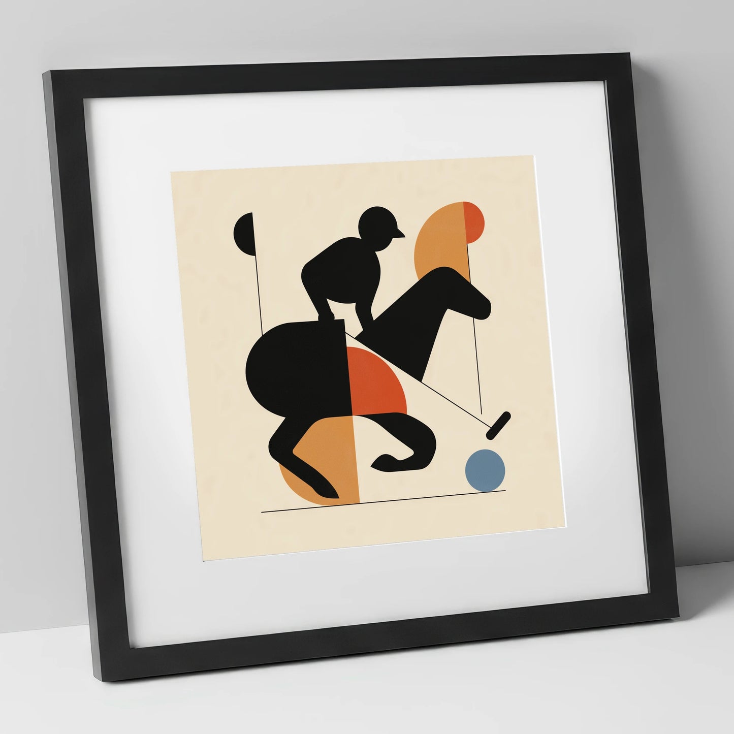 Mid-Century Polo Strike polo horse art print in black frame