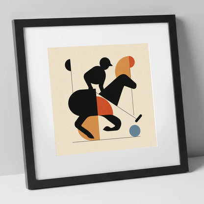 Mid-Century Polo Strike polo horse art print in black frame