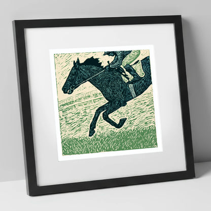 Thunder on the Turf racing horse art print in black frame