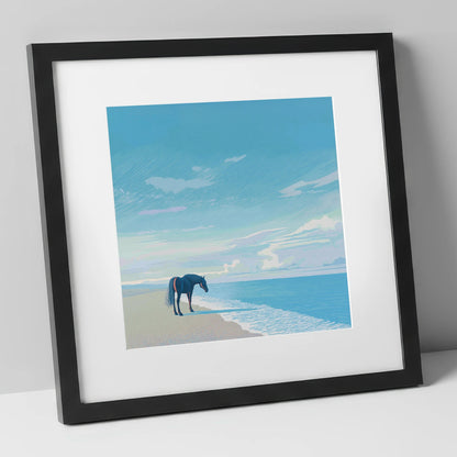 Solitude by the Sea horse landscape art print in black frame