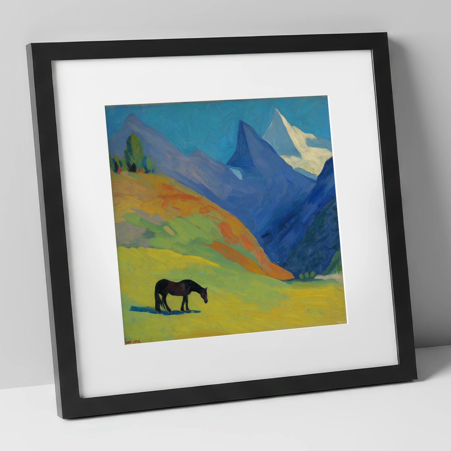 Vibrant Alpine Grazing horse landscape art print in black frame