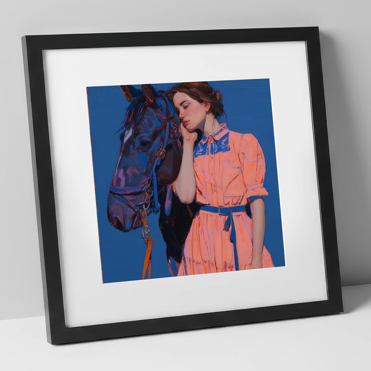 Bold Harmony horse & rider art print in black frame