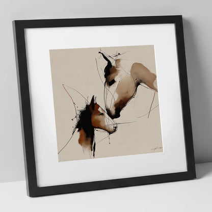 Tender Sepia Bond mare & foal art print in black frame