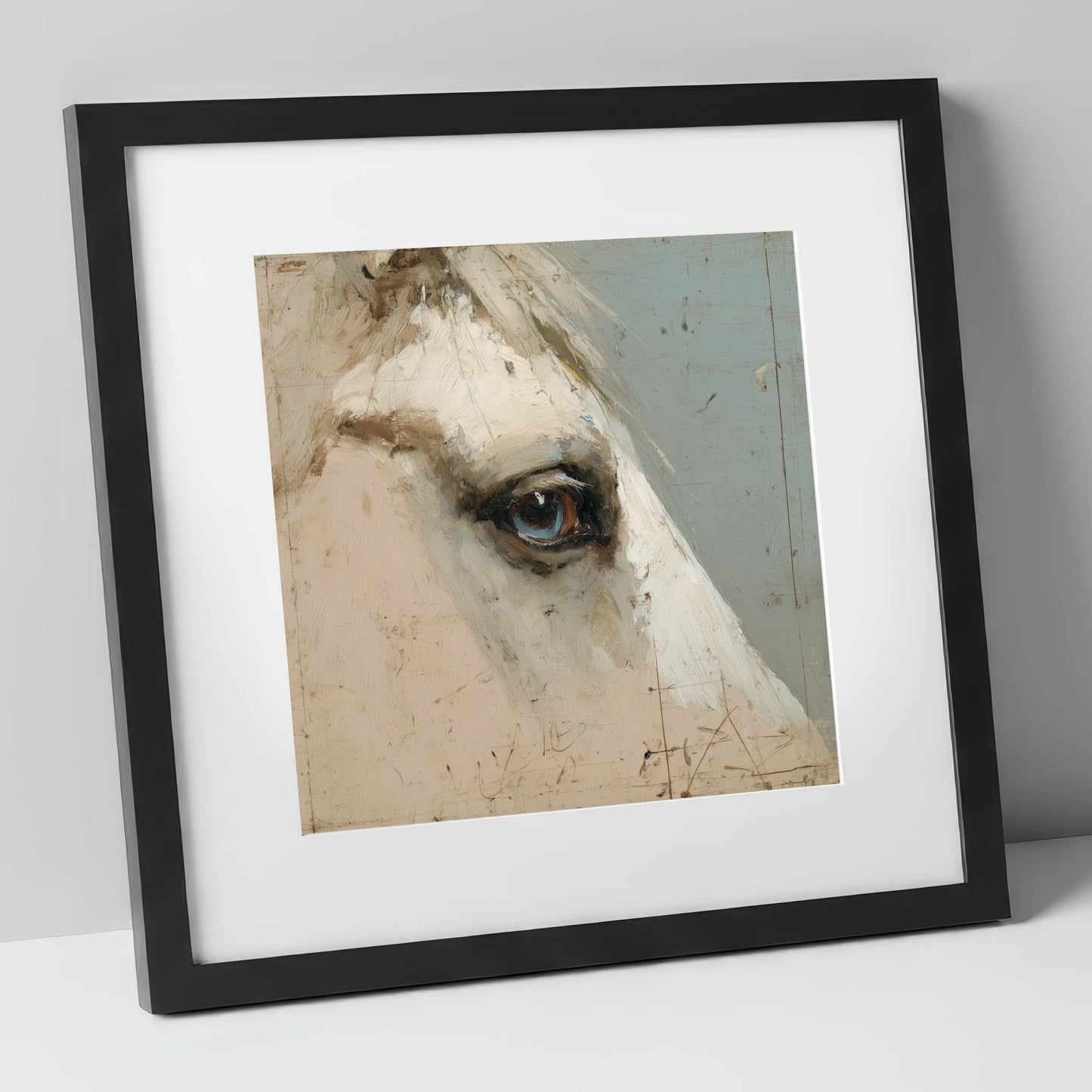 The Watchful Grey horse portrait art print in black frame