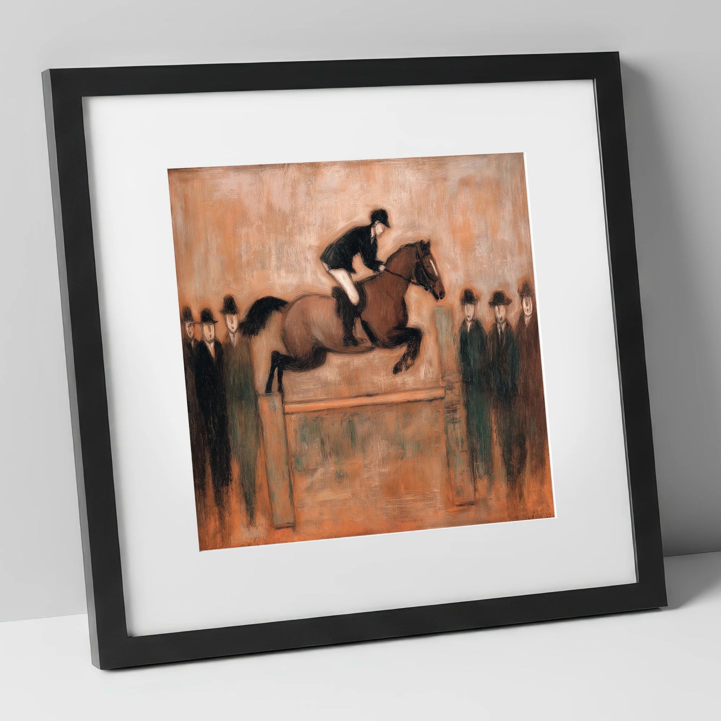 Flight Over Timber show jumping horse art print in black frame