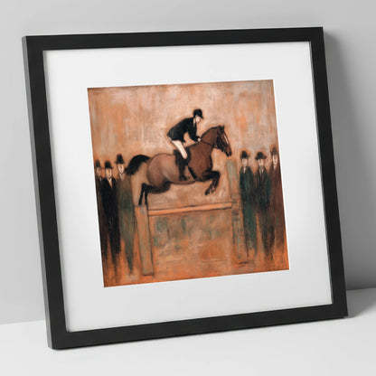 Flight Over Timber show jumping horse art print in black frame