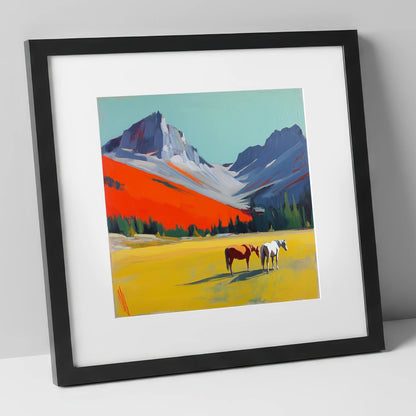 Vivid Mountain Meadow horse landscape art print in black frame