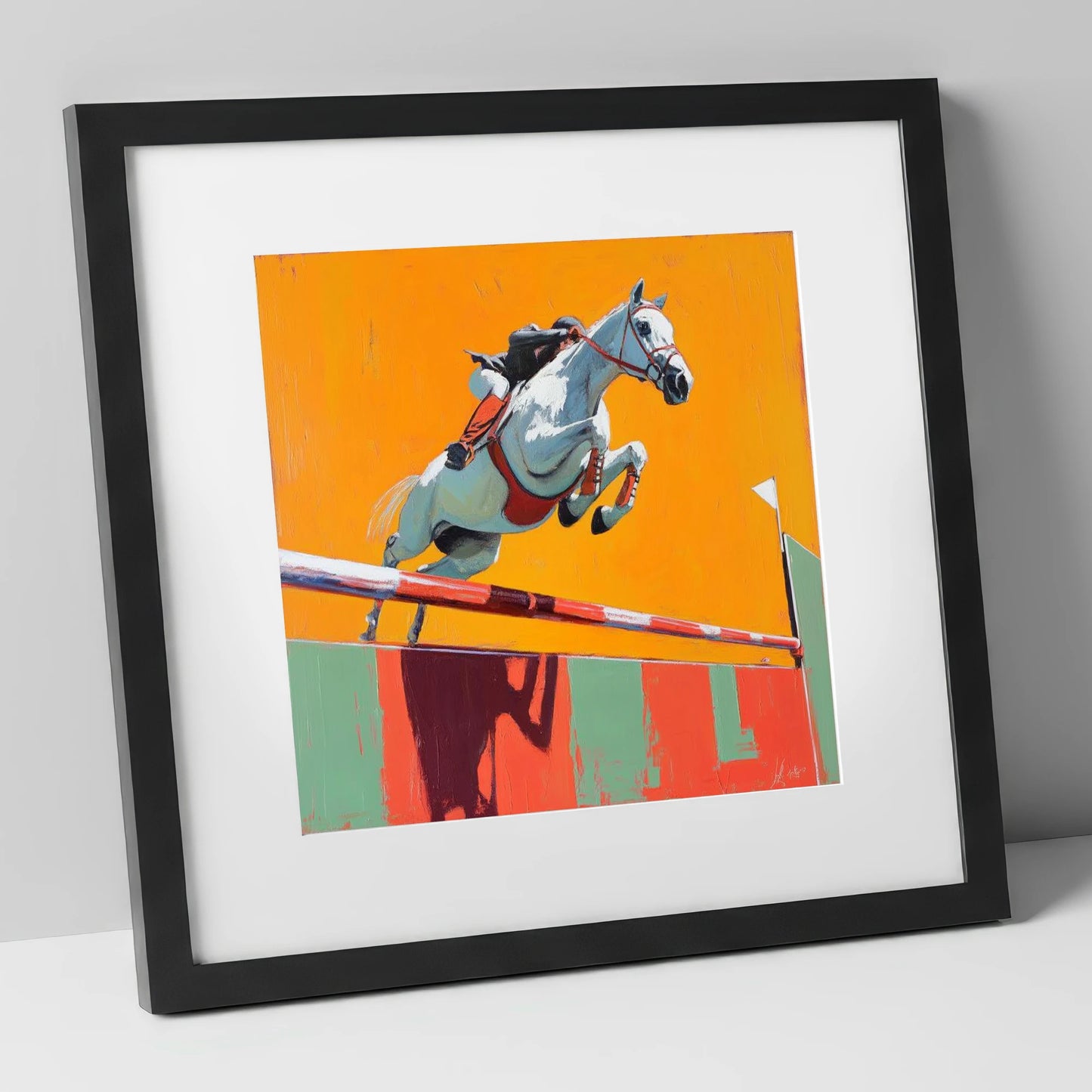 Power In Flight show jumping horse art print in black frame