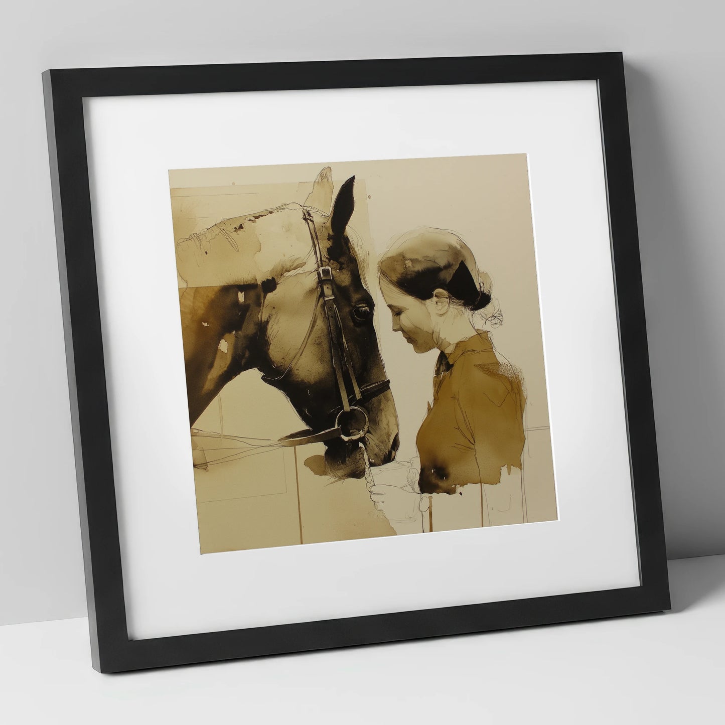 Unspoken Connection horse & rider art print in black frame