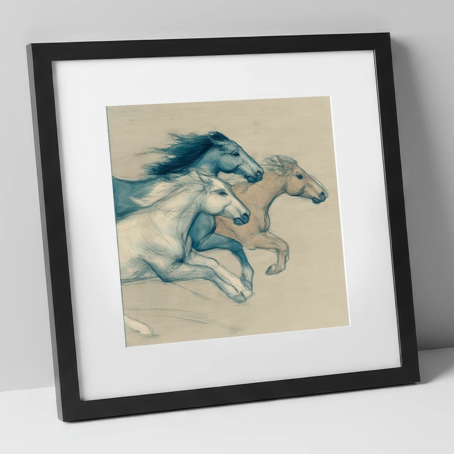 Azure Equine Trio wild horses art print in black frame