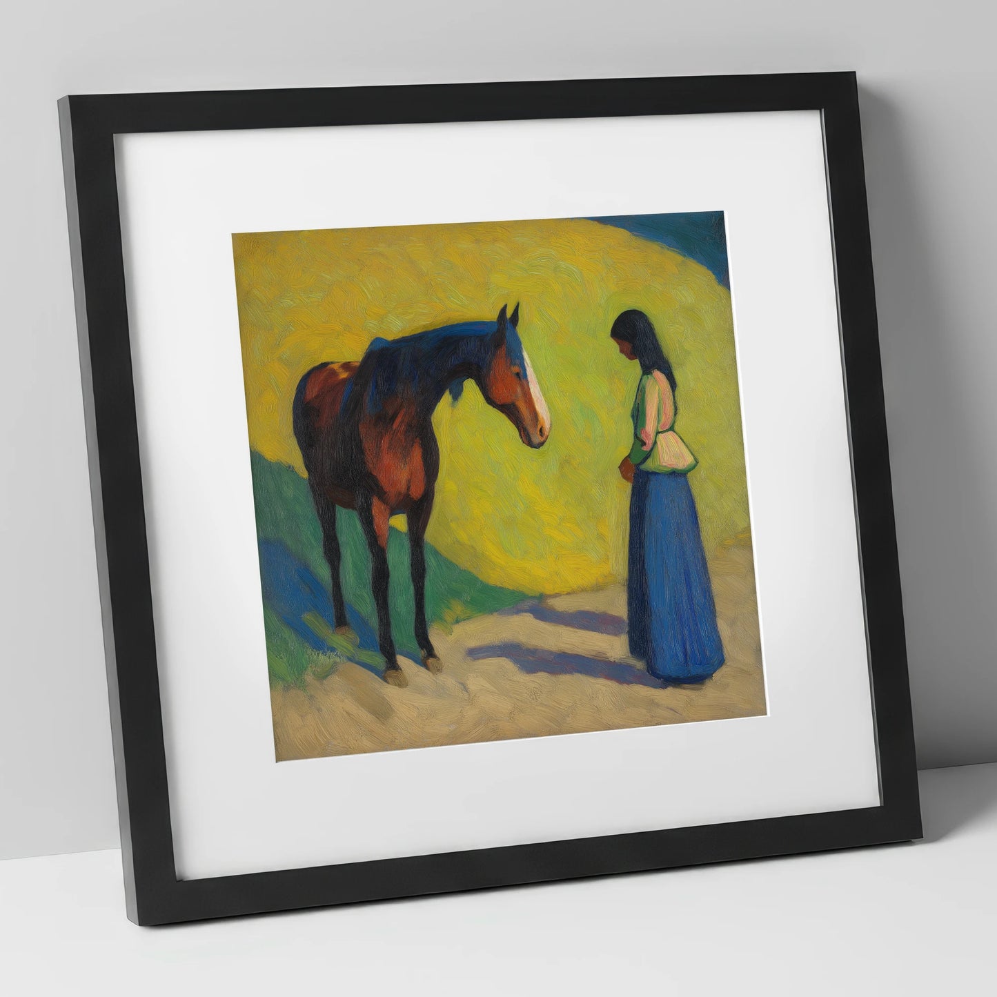 Vibrant Connection horse & rider art print in black frame