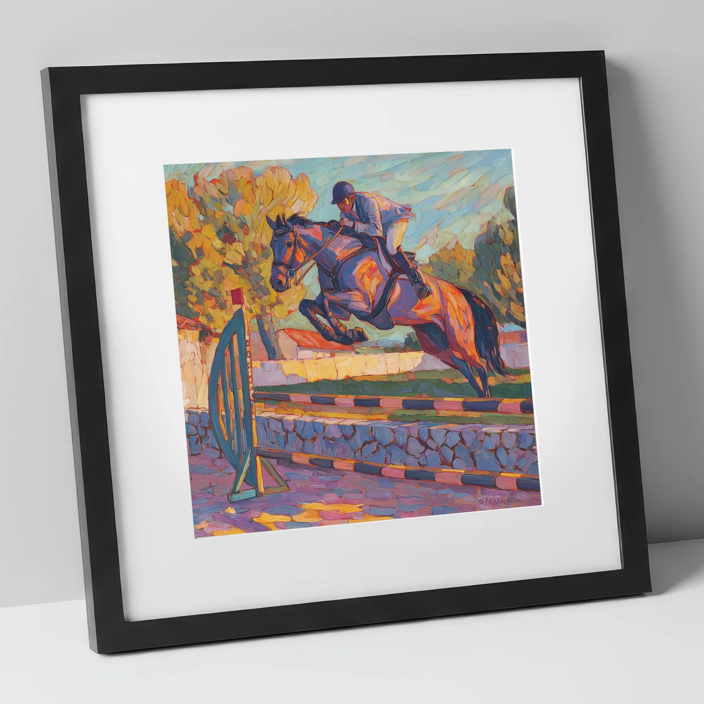 Sunset Flight show jumping horse art print in black frame