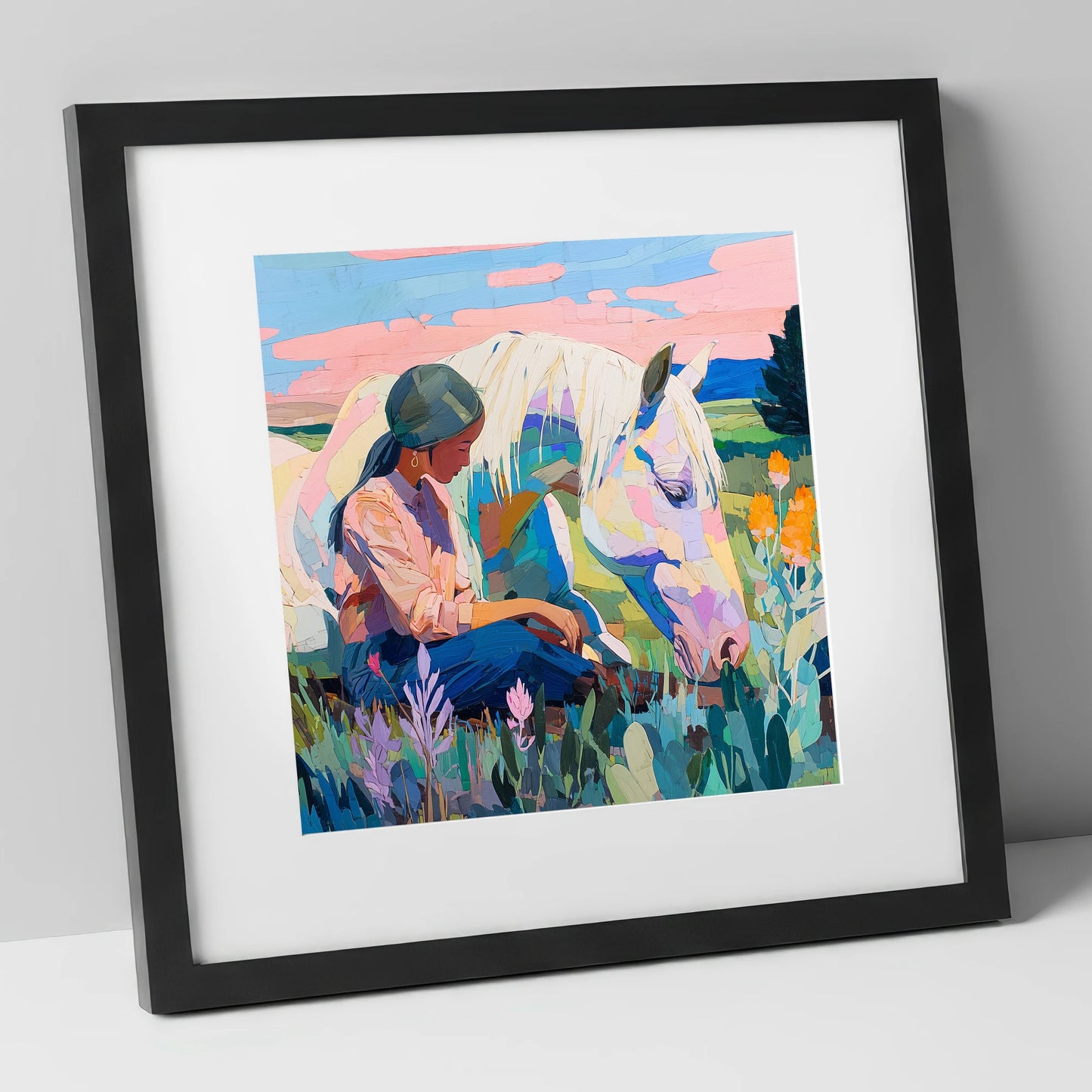 Quiet Summer Connection horse & rider art print in black frame