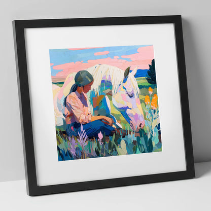 Quiet Summer Connection horse & rider art print in black frame