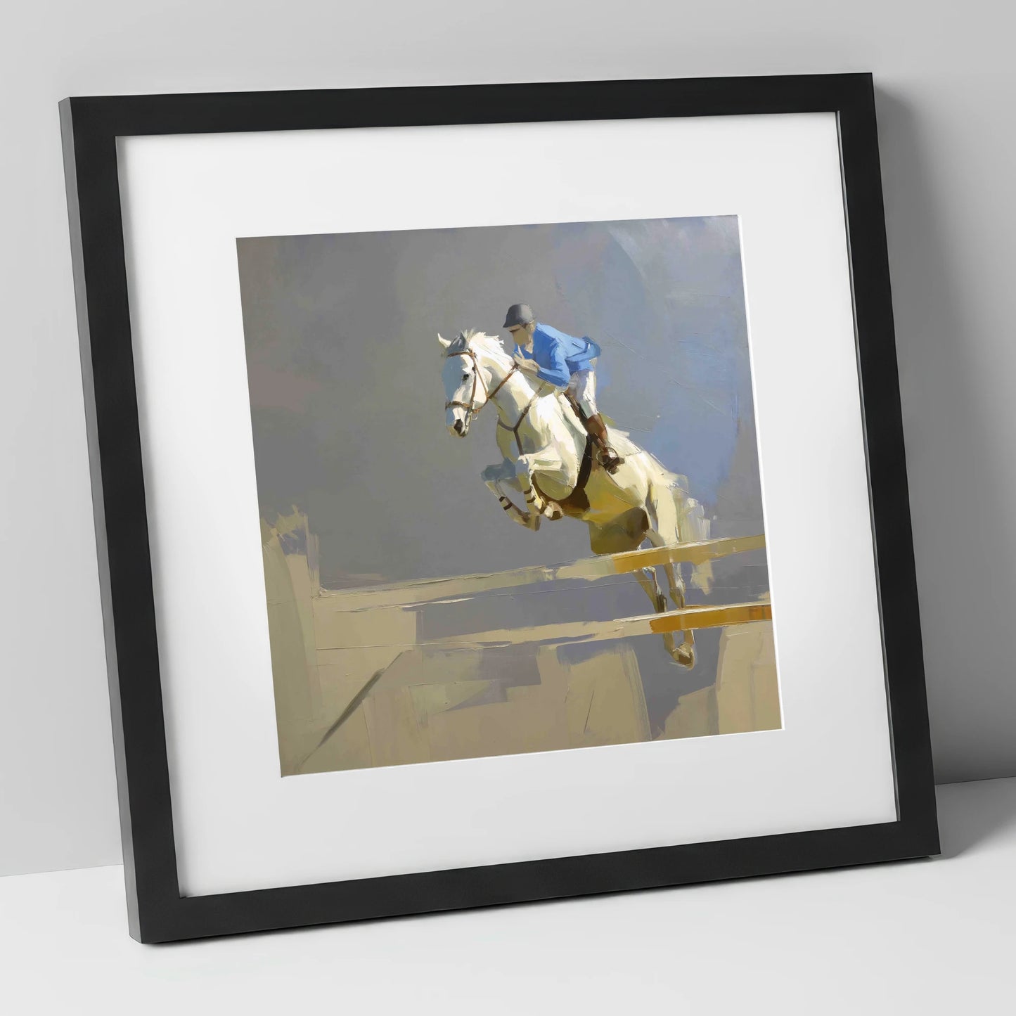Soaring Grey Showjumper show jumping horse art print in black frame