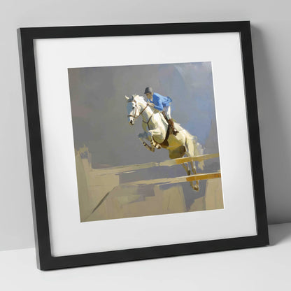 Soaring Grey Showjumper show jumping horse art print in black frame